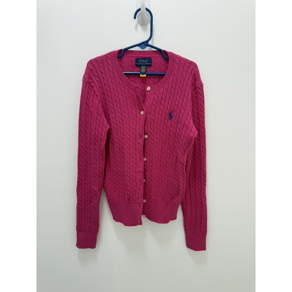 Polo Ralph Lauren Girls Hot Pink Cable Knit Cardigan Sweater Size M 8-10 Cotton